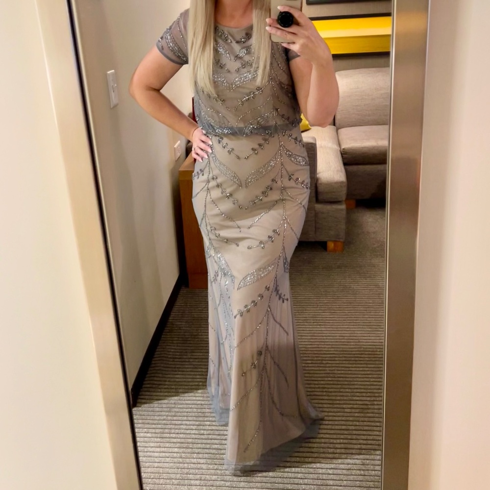 Adrianna Papell Boat Neck Zipper-Backed Gray Beaded Dress